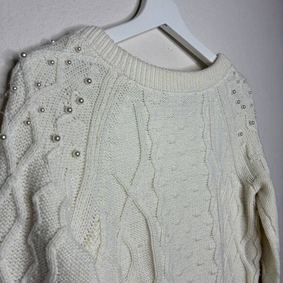 White House Black Market Cream Cable Knit Pearl Embellished Sweater XS - Picture 8 of 10